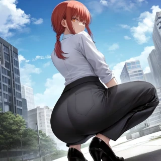 From behind, Anime style, Chainsaw Man Makima, Squatting, Dress, Suit, Shirt, Business Y-shirt